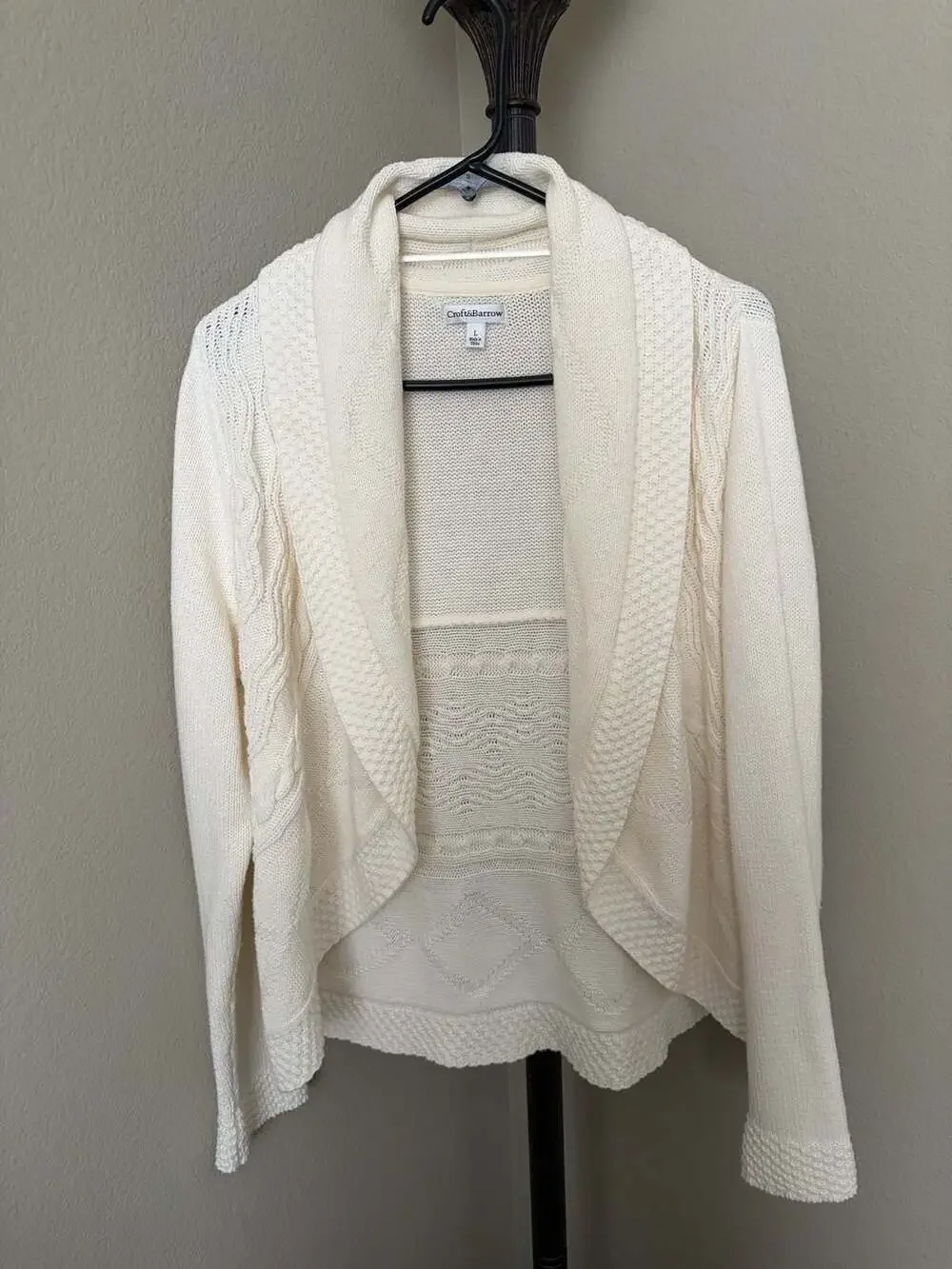 Croft & Barrow Cream Open Front Cardigan Sweater Shawl Collar Cable Knit Size L